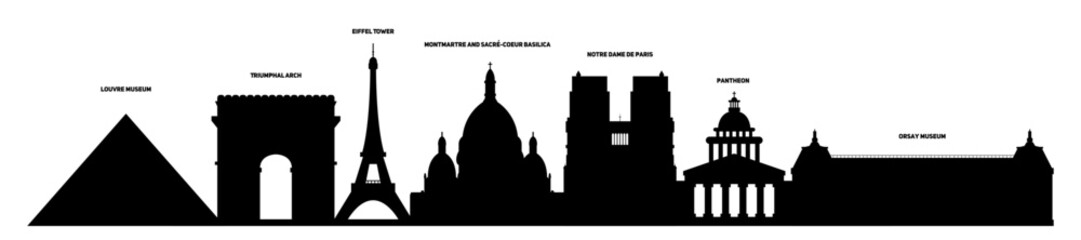 Set of Paris landmarks. Silhouettes of Louvre Museum, Triumphal Arch, Eiffel Tower, Montmartre and Sacré-Cœur Basilica, Notre Dame de Paris, Pantheon and Orsay Museum. Vector