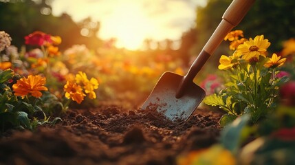 Gardening in a flowerbed at sunset.  A shovel digs into rich soil, surrounded by colorful blooms
