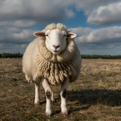Fototapeta premium A fluffy sheep with soft wool and gentle eyes, grazing peacefully in fields, symbolizing calm, innocence, and pastoral beauty.