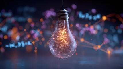 Abstract Glowing Light Bulb Representing Innovation and Knowledge, Surrounded by Mathematical Formulas, Concept of Education, Electrification, Creativity, and Science Communication
