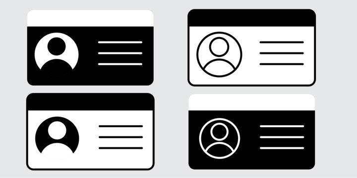 Black and white identification card and driver licence icons set perfect for government forms identity verification UI kits and personal document graphics