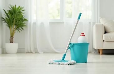 Cleaning banner with mop and bucket in modern interior. Neutral background with copy space, ideal for cleaning services, janitorial ads, housekeeping promotions, and hygiene-related designs.