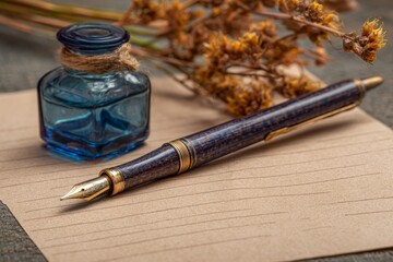 National Pen Pal Day. Classic fountain pen and vintage ink bottle placed on lined paper with dried flowers in background, concept of writing and nostalgia.