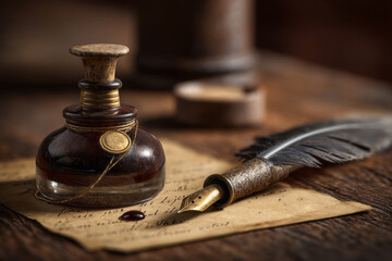 National Pen Pal Day. Classic fountain pen and vintage ink bottle placed on lined paper with dried flowers in background, concept of writing and nostalgia
