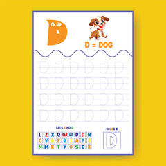 Alphabet learning and writing practice tracing worksheet template, ABC writing, tracing, coloring practice a4 print ready worksheet vector template for kids