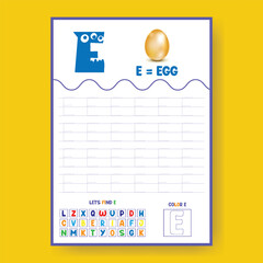 Alphabet learning and writing practice tracing worksheet template, ABC writing, tracing, coloring practice a4 print ready worksheet vector template for kids