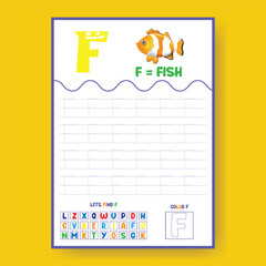 Alphabet learning and writing practice tracing worksheet template, ABC writing, tracing, coloring practice a4 print ready worksheet vector template for kids