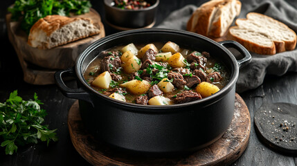 Photograph of Irish beef and potato soup in a pot, on a dark wooden table with bread .