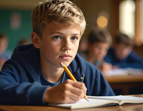 Focused boy writing in classroom