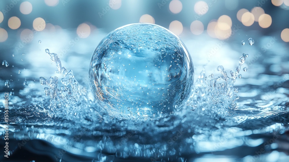 Poster sphere splashing into water creating dynamic ripples with bokeh background
