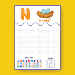 Alphabet learning and writing practice tracing worksheet template