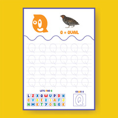 Alphabet learning and writing practice tracing worksheet template
