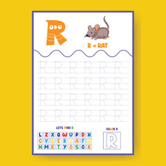 Alphabet learning and writing practice tracing worksheet template, ABC writing, tracing, coloring practice a4 print ready worksheet vector template for kids