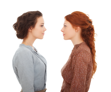 Two women facing each other showcasing friendship and connection, cut out transparent