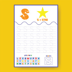 Alphabet learning and writing practice tracing worksheet template, ABC writing, tracing, coloring practice a4 print ready worksheet vector template for kids