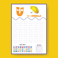 Alphabet learning and writing practice tracing worksheet template
