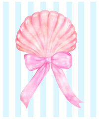 Coquette Summer Blush Pink SeaShell with Pink Ribbon Bow Watercolor