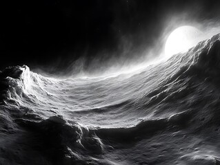 Eerie monochrome vista showcasing rugged terrain under a celestial glow