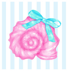 Coquette Summer Hot Pink Curled SeaShell with Mint Blue Ribbon Bow Watercolor