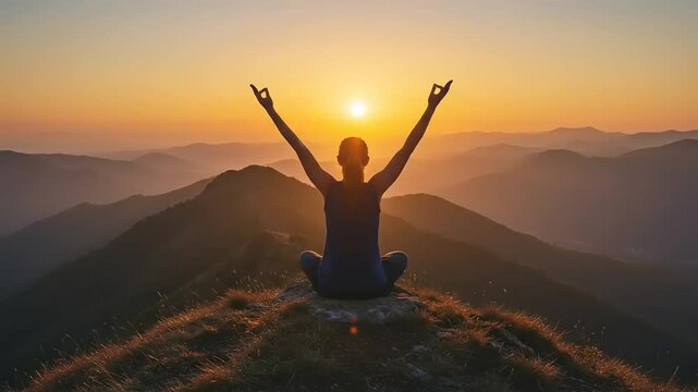 Serene silhouette of a person meditating on a mountaintop at sunset, surrounded by rolling hills