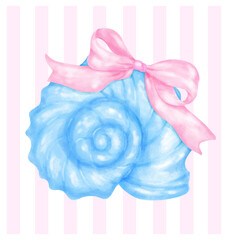 Coquette Summer Pastel Blue Curled SeaShell with Pink Ribbon Bow Watercolor