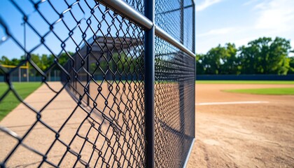 Baseball field behind chain link fence.