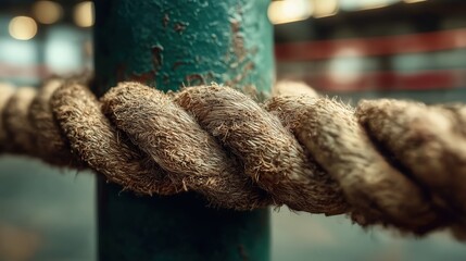Close-up of a thick, weathered boxing ring rope tied in a knot around a rusty green metal corner post