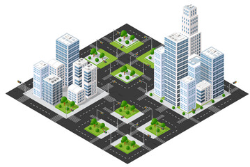 Modern isometric city with skyscrapers, roads, and green parks