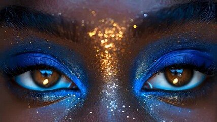 Woman's beautiful eyes with creative blue and gold glitter makeup, representing experimental beauty and vibrant cosmetic artistry. - Powered by Adobe