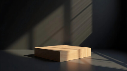 3D Oak Wood Pedestal with Window Blind Shadows – Cinematic Product Mockup