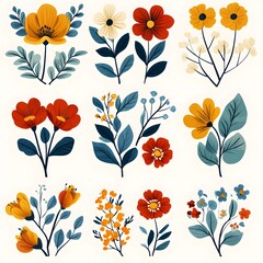 Sophisticated Boho Floral Clipart Featuring Vibrant June Seasonal Motifs in a Clean Hand-Drawn Flat Vector Design