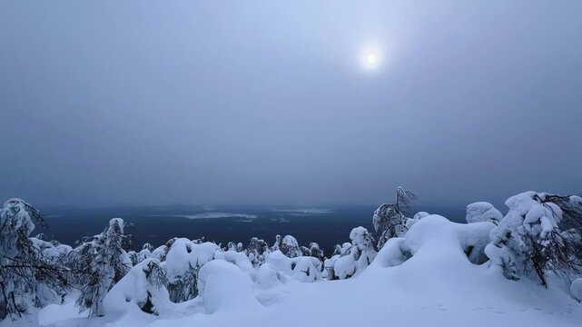View of the white rocks and the winter forest on Mount Polyud. Lappish spruces on Mount Polyud in the Perm region in winter. In winter, there is a lot of snow and frost on the trees in the Urals. 4К	