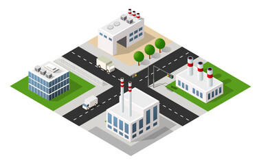 Industrial zone with factories and office buildings generating air pollution