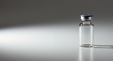 Empty Glass Vial Medicine Container on a Shiny Grey Surface