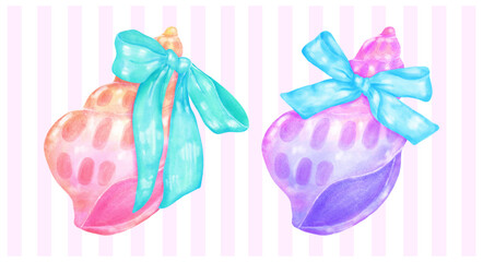 Coquette Summer Paastel Conch SeaShell with Ribbon Bow Watercolor set