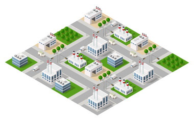 Industrial zone with factories and office buildings generating air pollution