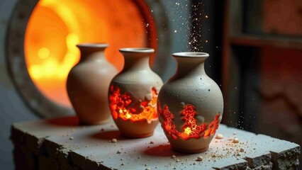 Glowing clay vases in kiln embrace art of pottery and craftsmanship.