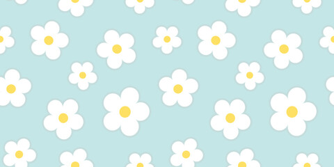 Seamless pattern minimal style with white flower and fabric pattern for kids on pastel blue background.