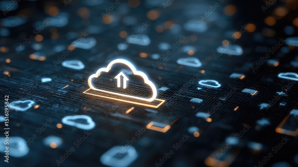 Poster cloud computing: a sleek, neon-lit cloud symbol with an upward arrow floats amidst an abstract circu