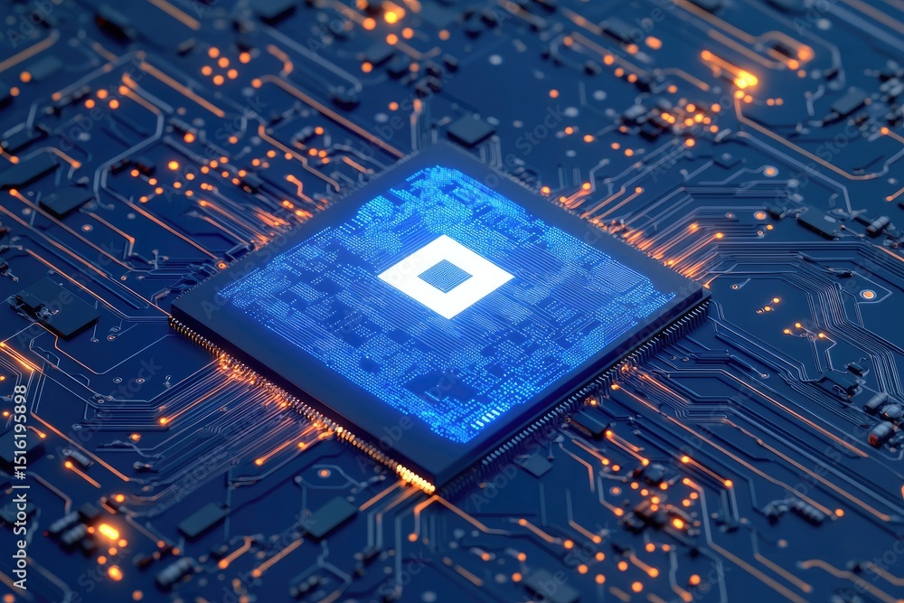 Poster close-up of a glowing processor chip on a circuit board