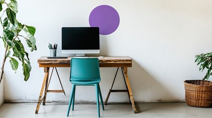 Workspace with a wooden table, teal chair, and computer.