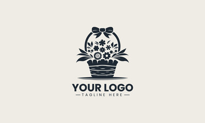 Floral basket with decorative ribbon and blooming flowers in soft and charming vector logo illustration