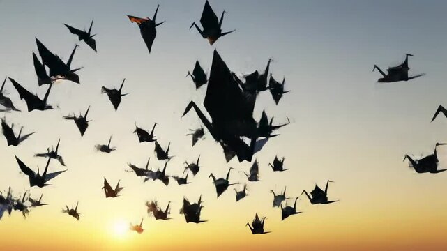 Paper cranes flying at sunset