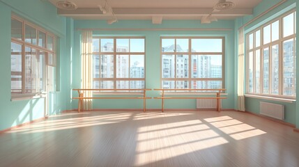 Empty dance studio with ballet barre. Room features large windows wooden floor. Interior design, light, shadow. Modern dance school. Space for workout, stretching exercises. Light mint color on