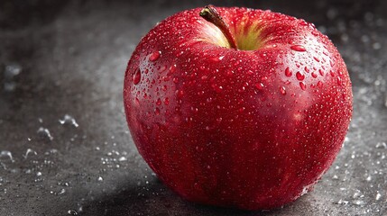 Fresh Red Delicious apple with water drops on the surface, resting on a white surface against a dark grey background. Ideal for food photography, healthy eating promotions, and freshness visuals
