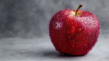 Fresh Red Delicious apple with water drops on the surface, resting on a white surface against a dark grey background. Ideal for food photography, healthy eating promotions, and freshness visuals