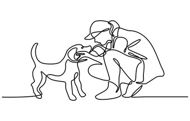 Continuous line drawing of woman happy pet lover with dog. Young female enjoy playing with her cute dog linear sketch isolated on white background. Friendship about human and pet animal concept