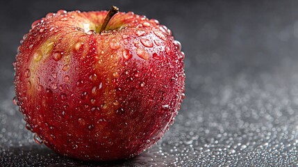 Fresh Red Delicious apple with water drops on the surface, resting on a white surface against a dark grey background. Ideal for food photography, healthy eating promotions, and freshness visuals