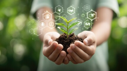 Nurturing Growth: Young hands gently cradle a small sapling emerging from soil, surrounded by glowing icons symbolizing sustainability and technological innovation.