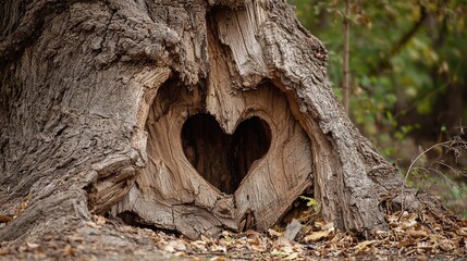 Heart carved in trunk of tree in the woods. Beautiful nature.